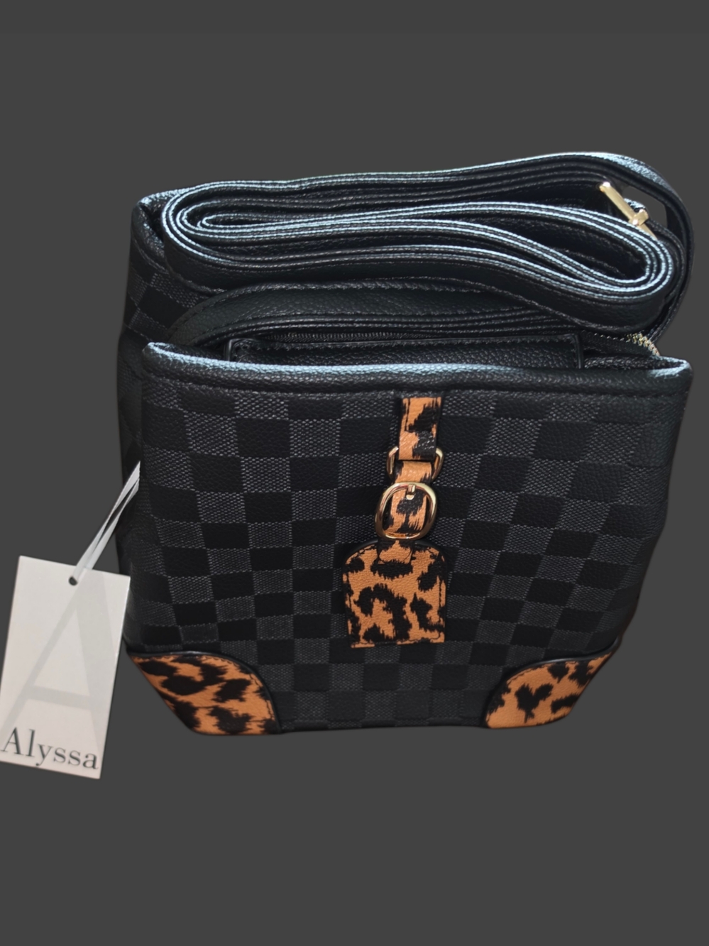 Brand New - Black Checkered Crossbody Bag with Leopard Accent